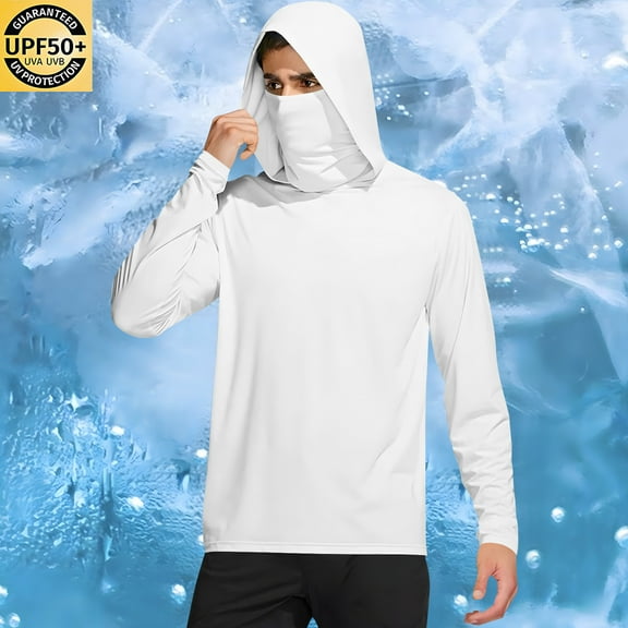 Nmnitkp Men's Hooded Sun Shirts with Mask Fishing Shirts for Men Long Sleeve UPF 50 Rash Guards Cooling Hoodies Hiking Shirts