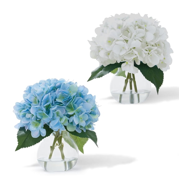2-Pack Real Touch Artificial Hydrangea Bouquets in Vase, Lifelike Faux Flowers for Home Table, Bathroom and Office Decor, White & Blue