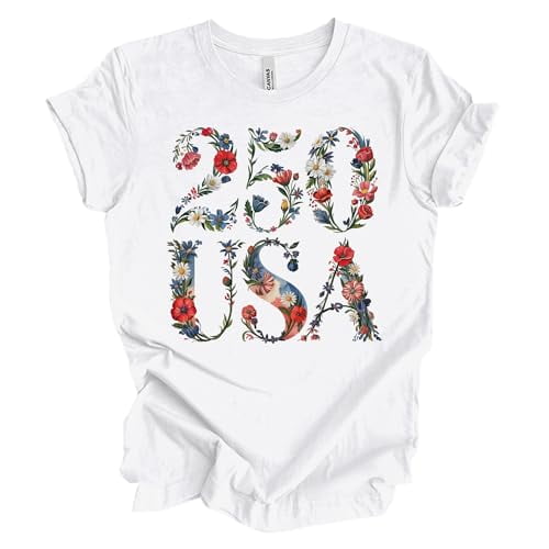 Patriot Pride Reckless Patriot Women’s Graphic T-Shirt – 250th Anniversary of America Floral 250 USA Design, White, Small