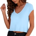 thumbnail image 4 of Htigea Cropped T-Shirts for Women Short Sleeve V Neck Basic Tees Soft Comfy Summer Daily Tops Light Blue M, 4 of 6