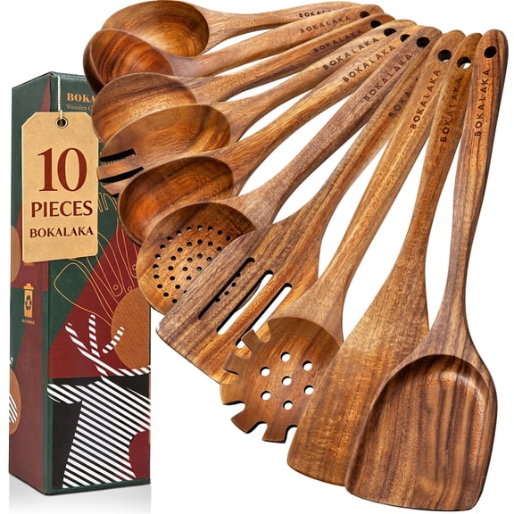 Wooden Spoons for Cooking,10 Pcs Natural Teak Wooden Kitchen Utensils Set Wooden Utensils for Cooking Wooden Cooking Utensils Wooden Spatulas for Cooking