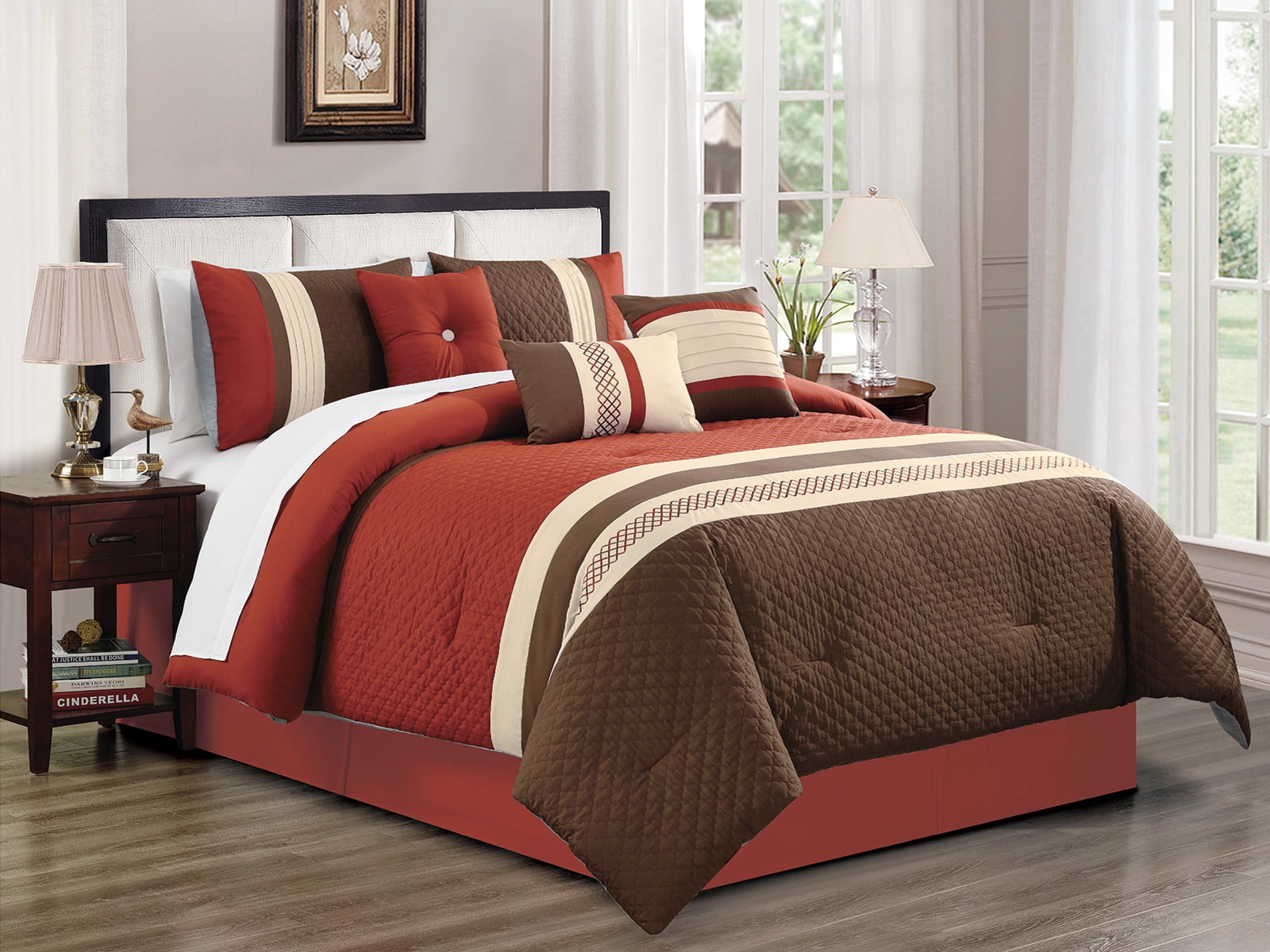 7 Pc Aziza Embossed Moroccan Trellis Embroidery Comforter Set Rust Brown Beige Queen