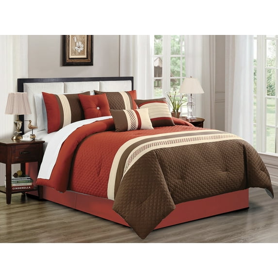 11-Pc Aziza Embossed Moroccan Trellis Embroidery Comforter Curtain Set Rust Brown Beige Queen