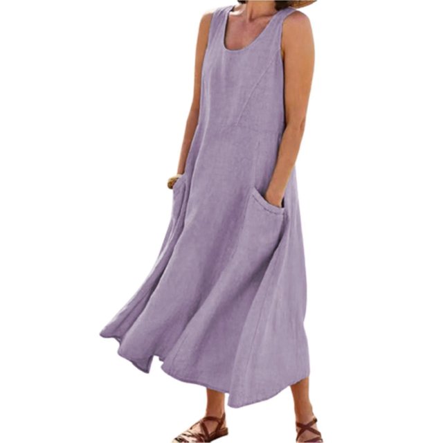 Vestido de lino de algodón sin mangas para mujer con bolsillos Vestido de playa estilo boho