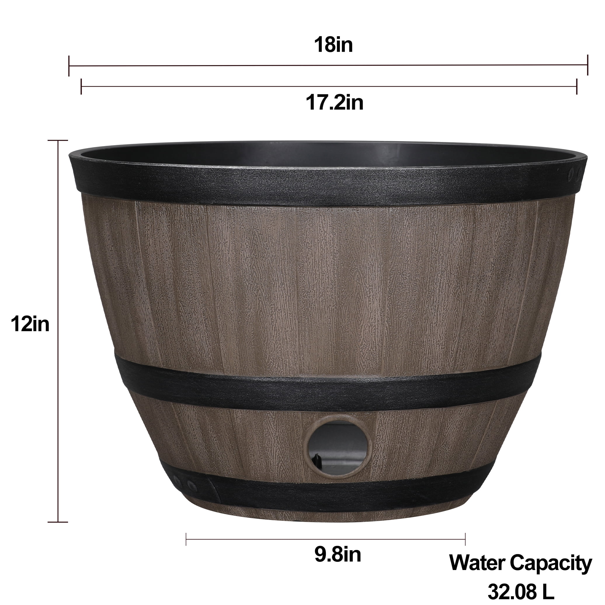 Expert Gardener 18" × 18" × 12" Whiskey Barrel Walnut Brown 100% Recycled Resin Hose Pot with Removable Drainage Plug