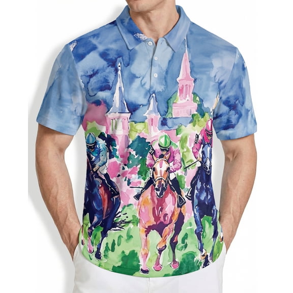 Men's Tropical Polo Shirt, Watercolor Racing Horse Print with Sunglasses, Summer Casual Beach Shirt