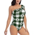 thumbnail image 3 of Easygdp Green White Lumberjack Plaid Women's One Shoulder Ruffle Monokini Bathing Suits with Removable Chest Pad, Quick Drying - Medium, 3 of 8