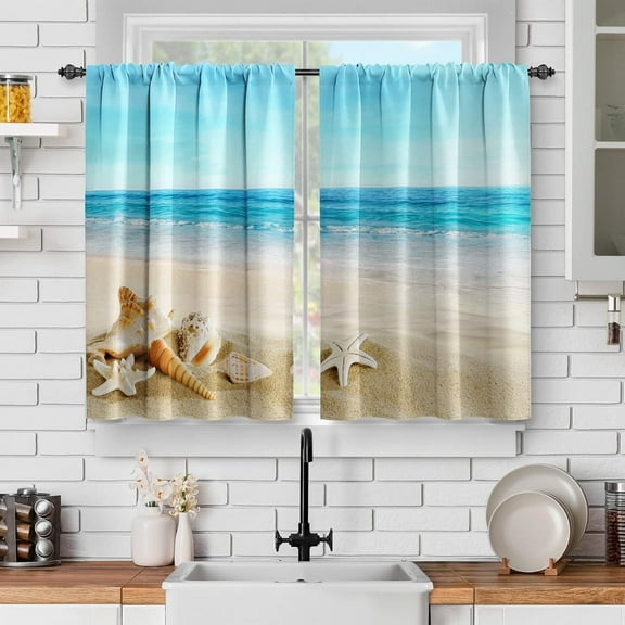 Ocean Beach Kitchen Curtains - Summer Starfish Seashell Tropical Sea Sky View Print Decor Home Bedroom Living Room Rod Pocket Window Drapes 2 Panels Set, 56"x36"