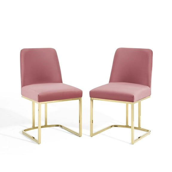 Side Dining Chair, Set of 2, Velvet, Metal Steel, Gold Pink, Modern Contemporary Urban Design, Kitchen Room Cafe Bistro Restaurant Hospitality