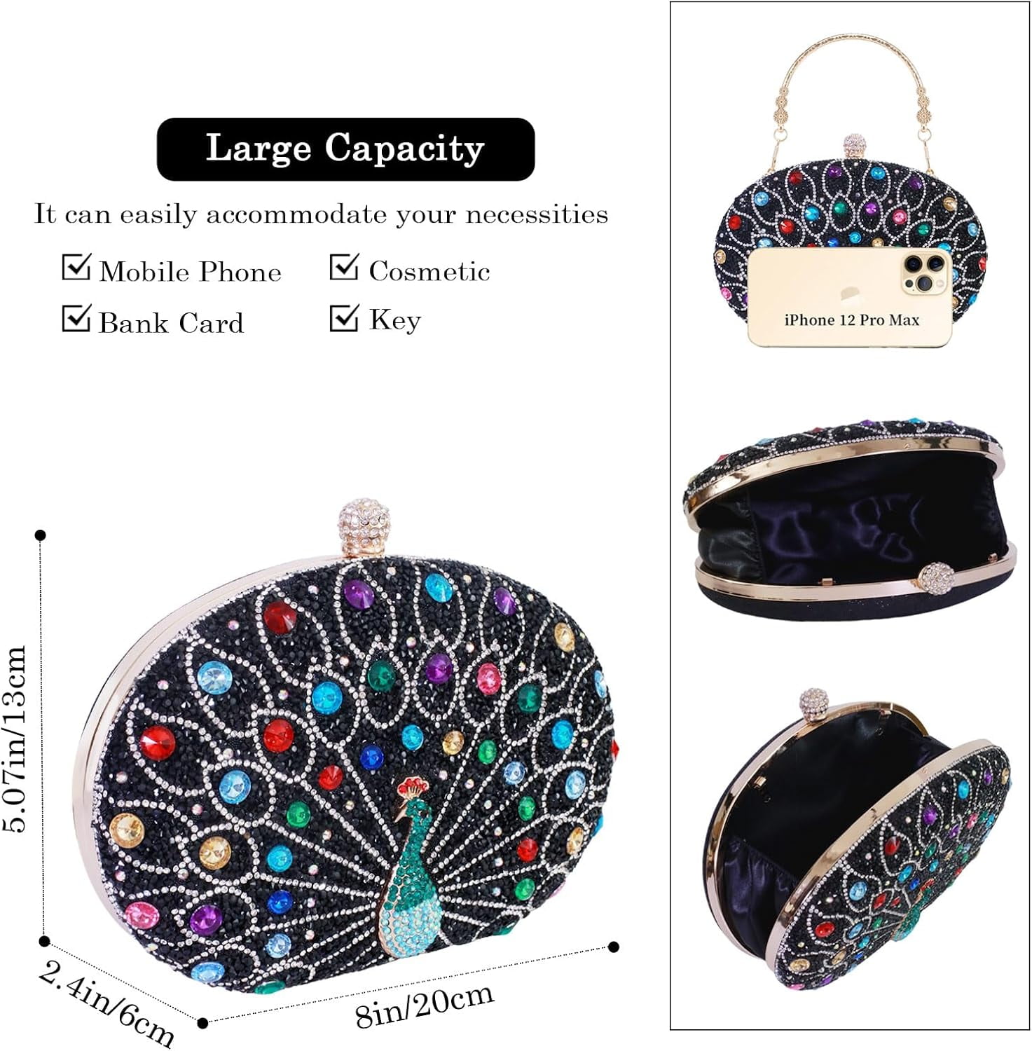 Womens Vintage Beaded Rhinestone Peacock Clutch Purse Handmade Crossbody Bag Evening Handbag For Wedding Party Prom
