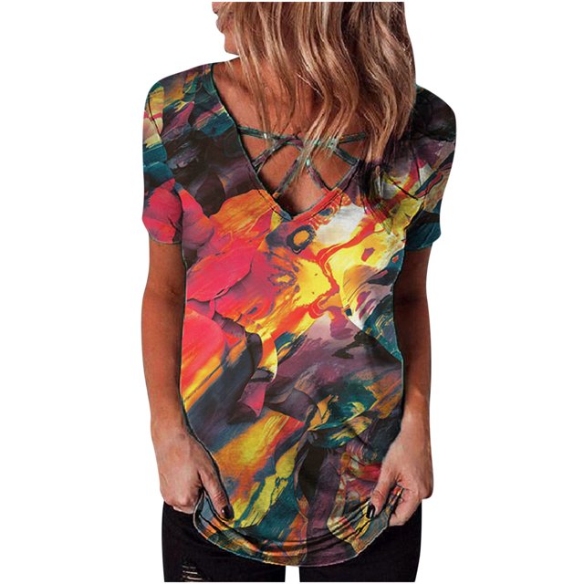 Camiseta de manga corta con cuello en V y estampado de moda para mujer Pompotops hkajfhjk462741
