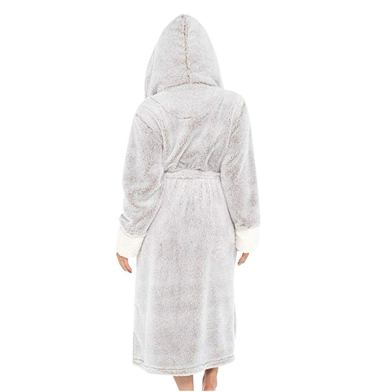 Womens and Mens Robes Plush Fleece Hooded Bathrobe Thick Nightgown
