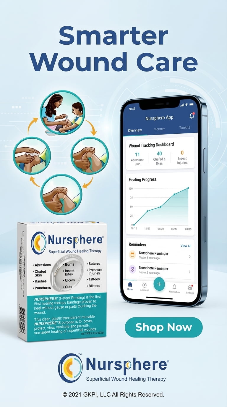 Nursphere® Dome Bandage™ Original Clear with Wound Tracker™ App U.S. Medical Utility Patent No. 12,636,195.
