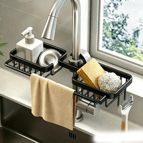 No Drill Kitchen Sink Caddy, 180 Degree Swivel Aluminum Faucet Shelf with Towel Bar for Counter Storage