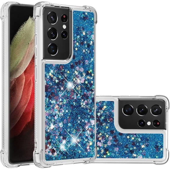 Compatible with Samsung Galaxy S21 Ultra Case Glitter Liquid Cute Clear Phone Case Floating Quicksand Shockproof Protective Bumper Soft TPU Case for Samsung Galaxy S21 Ultra Love Blue YB