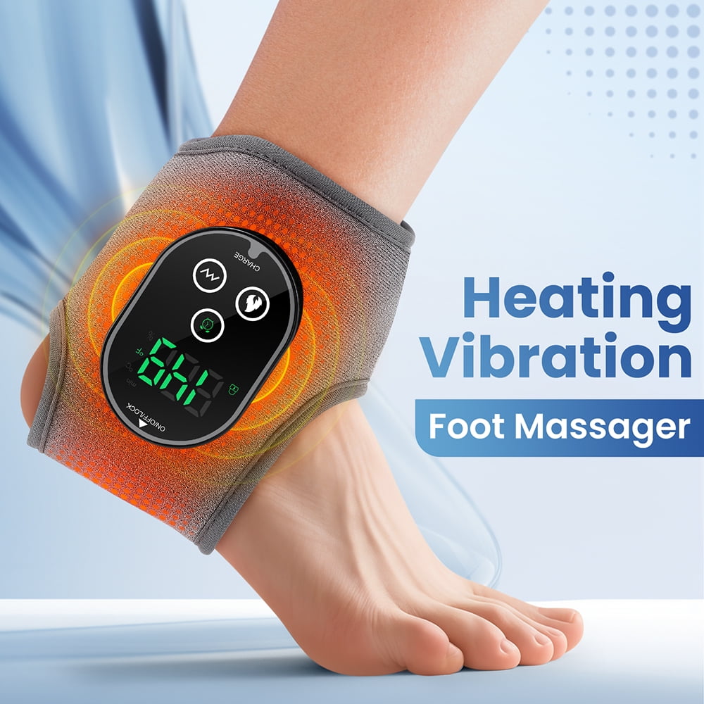 Cordless Ankle Massager with Heat and Vibration, Rechargeable Electric Foot Massager, Heated Ankle Wrap Warmer with Adjustable Temperature, Portable Foot and Ankle Massager Brace, Grey