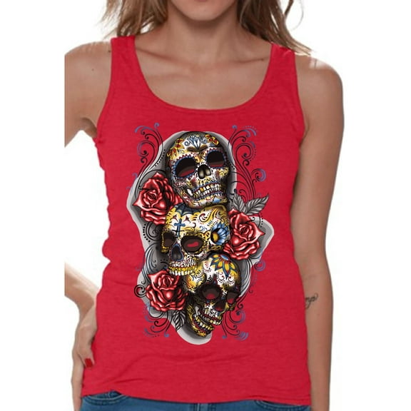 Awkward Styles Three Sugar Skull Tank Top for Women Sugar Skull Tank Day of the Dead Sleeveless Shirt for Women Halloween Gifts Dia de los Muertos Outfit Sugar Skulls Tank Top Skull Red Roses Tank