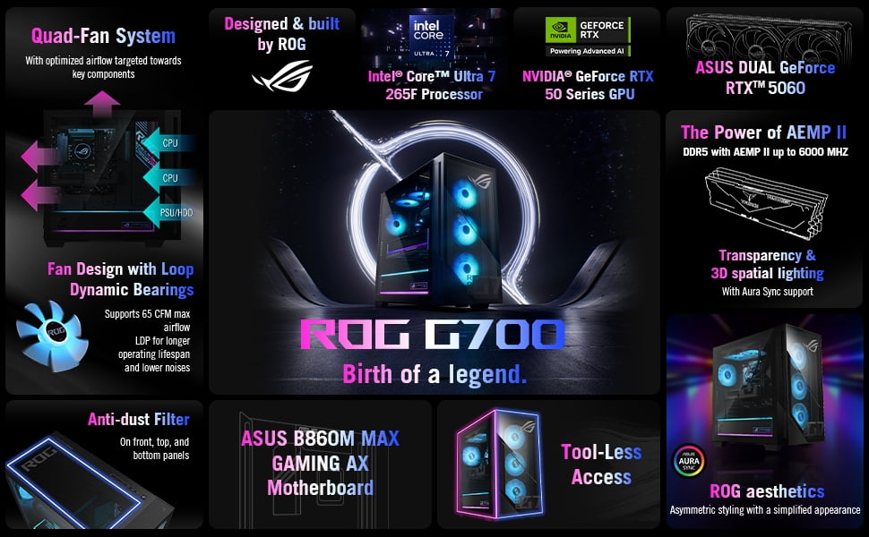 ASUS ROG G700 Gaming Desktop PC Liquid Cooled, Intel Core Ultra 7 265F Processor, NVIDIA GeForce RTX 5060 Dual 8GB,  32GB DDR5 RAM, 1TB NVMe PCIe 4 SSD, Black