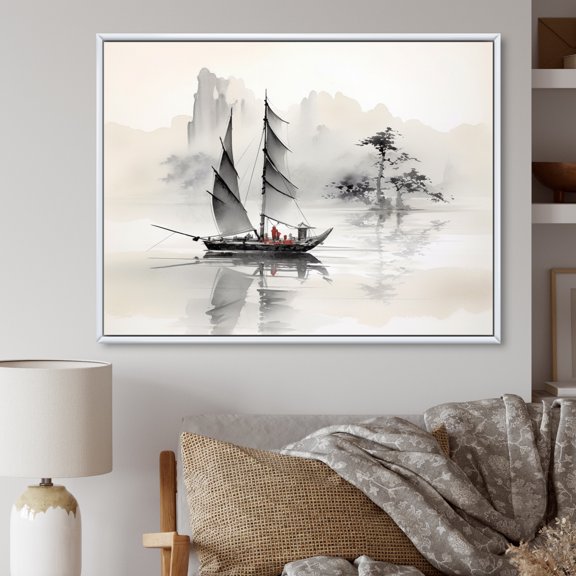 Designart "Sailboat Sumi Asian Painting III" Asian Art Floater Framed Canvas Print