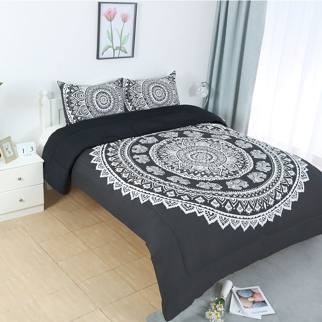 Unique Bargains Bohemian AllSeason Polyester Comforter Set Black King