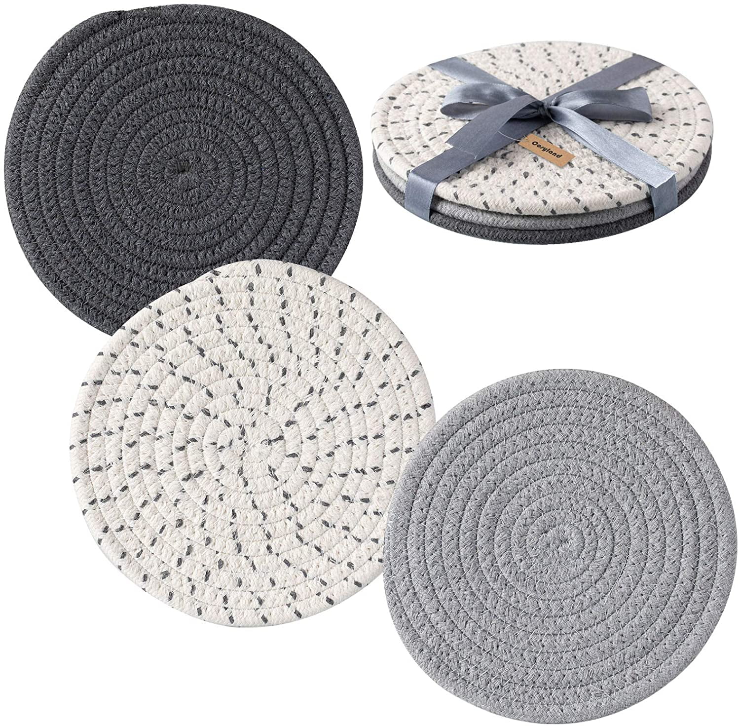 Hot Pads Diameter 7 Inches Jar Opener & Coasters Set of 3 Round Grey Set Spoon Rest Pot Holders for Cooking and Baking 100% Cotton Thread Weave Pot Holders