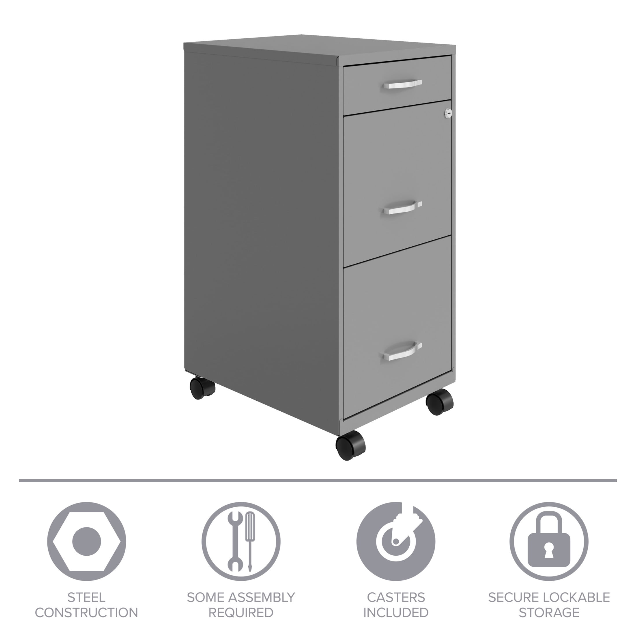 Space Solutions 18" Deep 3 Drawer Mobile Letter Width Vertical File Cabinet, Silver