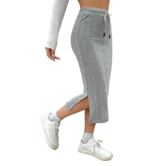 Yokua Women Stretchy Casual Ribbed Knit Sexy Side Split Bodycon Midi Sweater Skirts