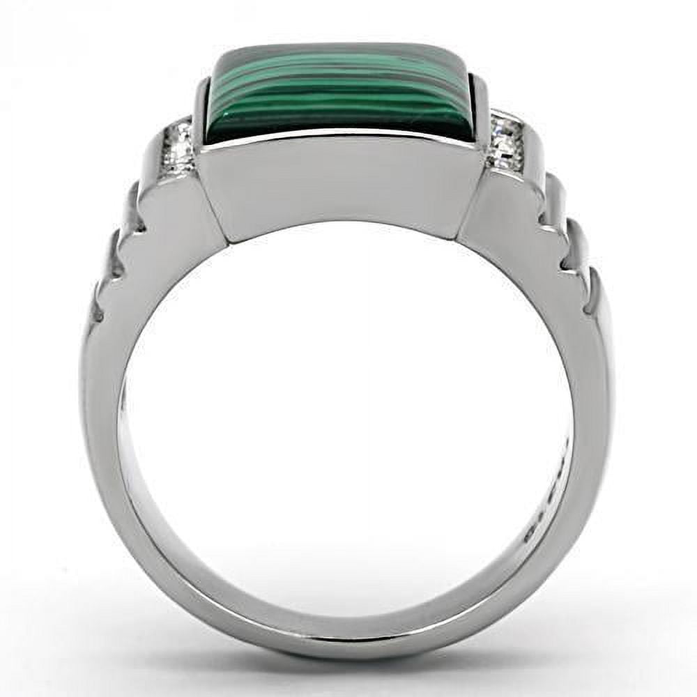 Mens Ring Green Stainless Steel Ring with Synthetic Malachite in Emerald