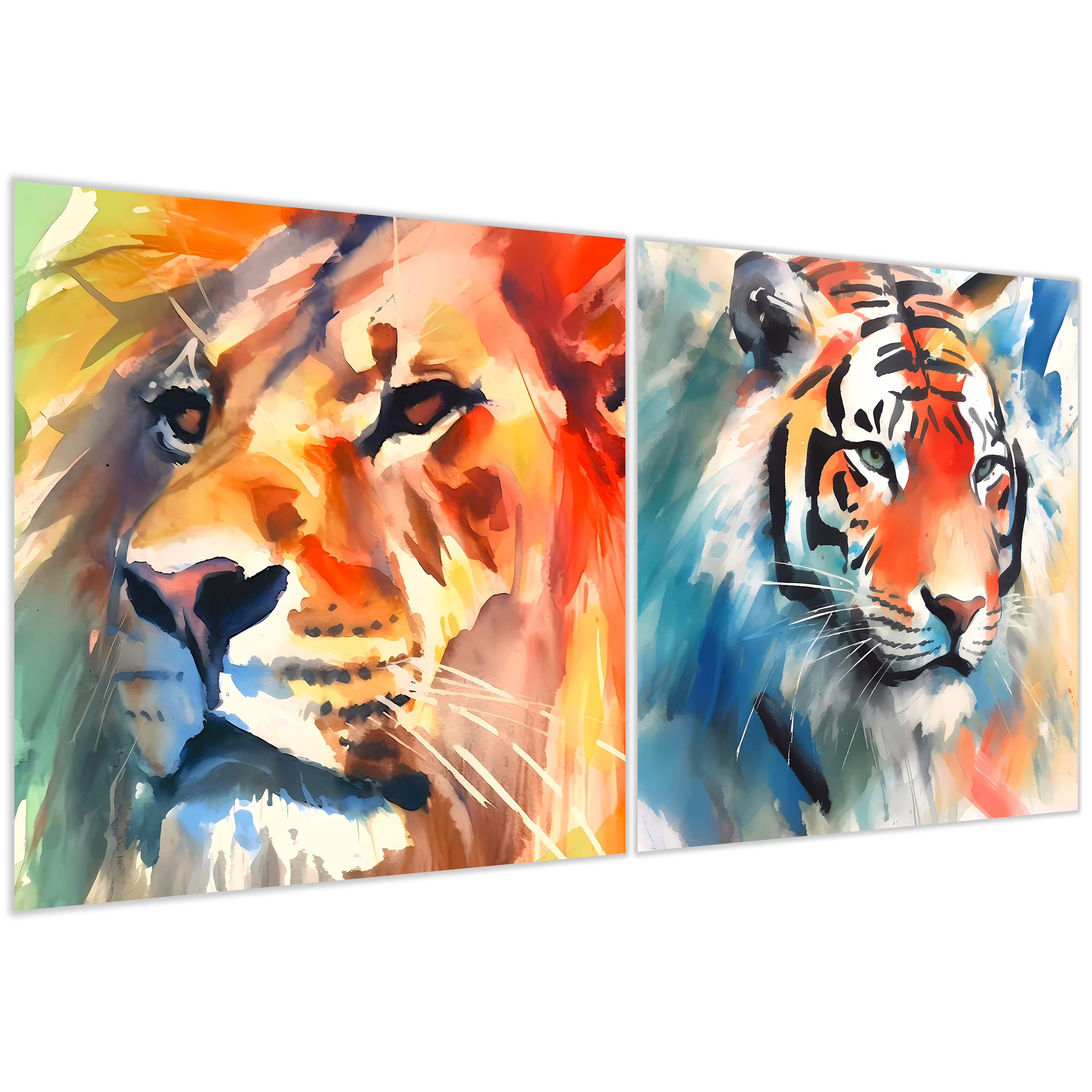 "Regal Strength I & II" Lion&Tiger Frameless Free Floating Reverse Printed Tempered Glass Wall Art