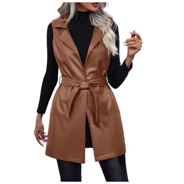 Xuewenshw Veste Sans Manches pour Femmes en Cuir PU Col Rabattu Veste Vêtements Isolés