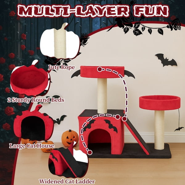 Alvantor Gothic Cat Tree Tower with Condo, Padded Perches & Scratcher, 26-inch, Red/Black