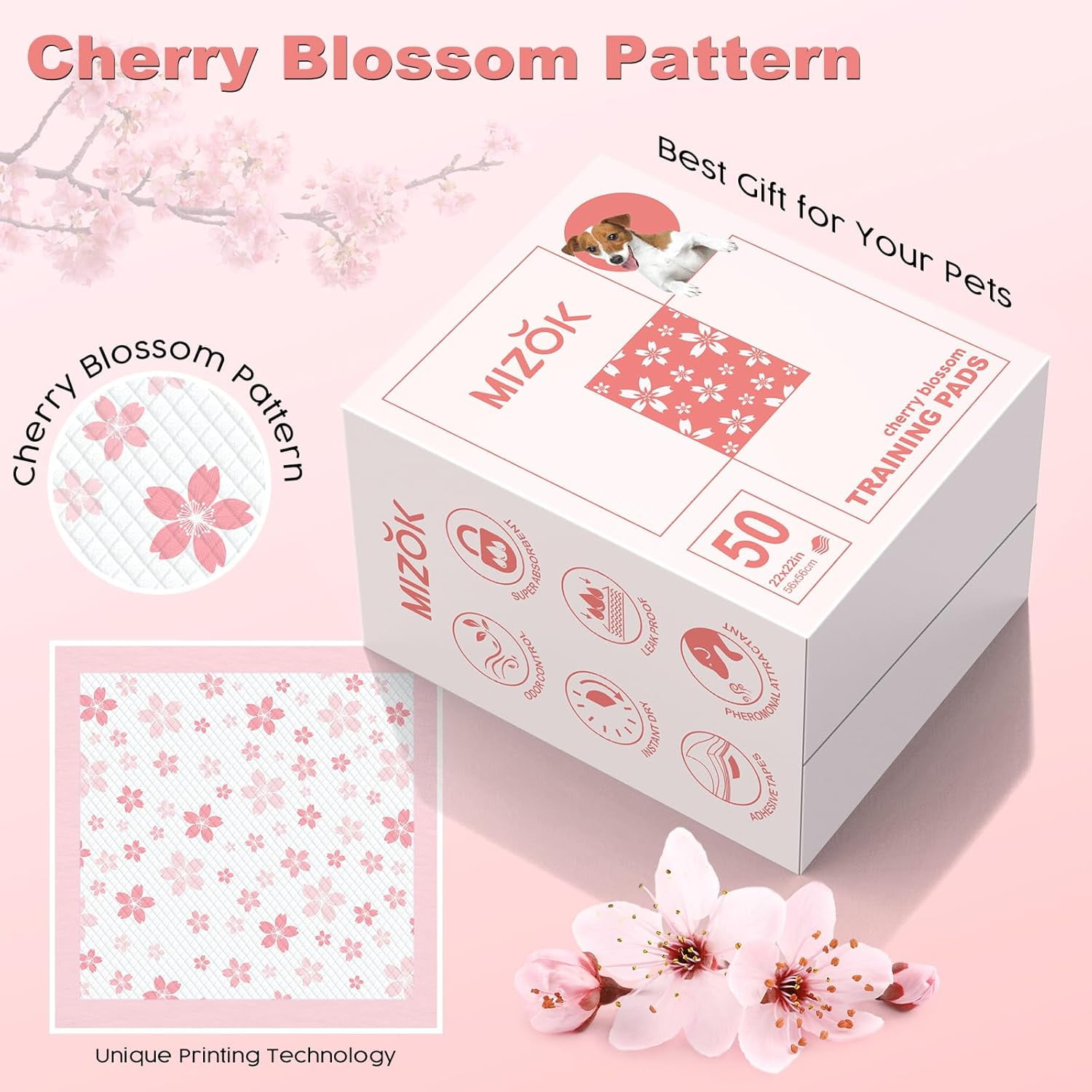 Puppy Pads 22"x 22" with Leak-Proof Quick-Dry Design Pee Pads for Dogs Potty Training, 6-Layer Standard Absorbency Dog Pee Pads Regular Size, Pink Cherry Blossom Pattern (50 Counts)