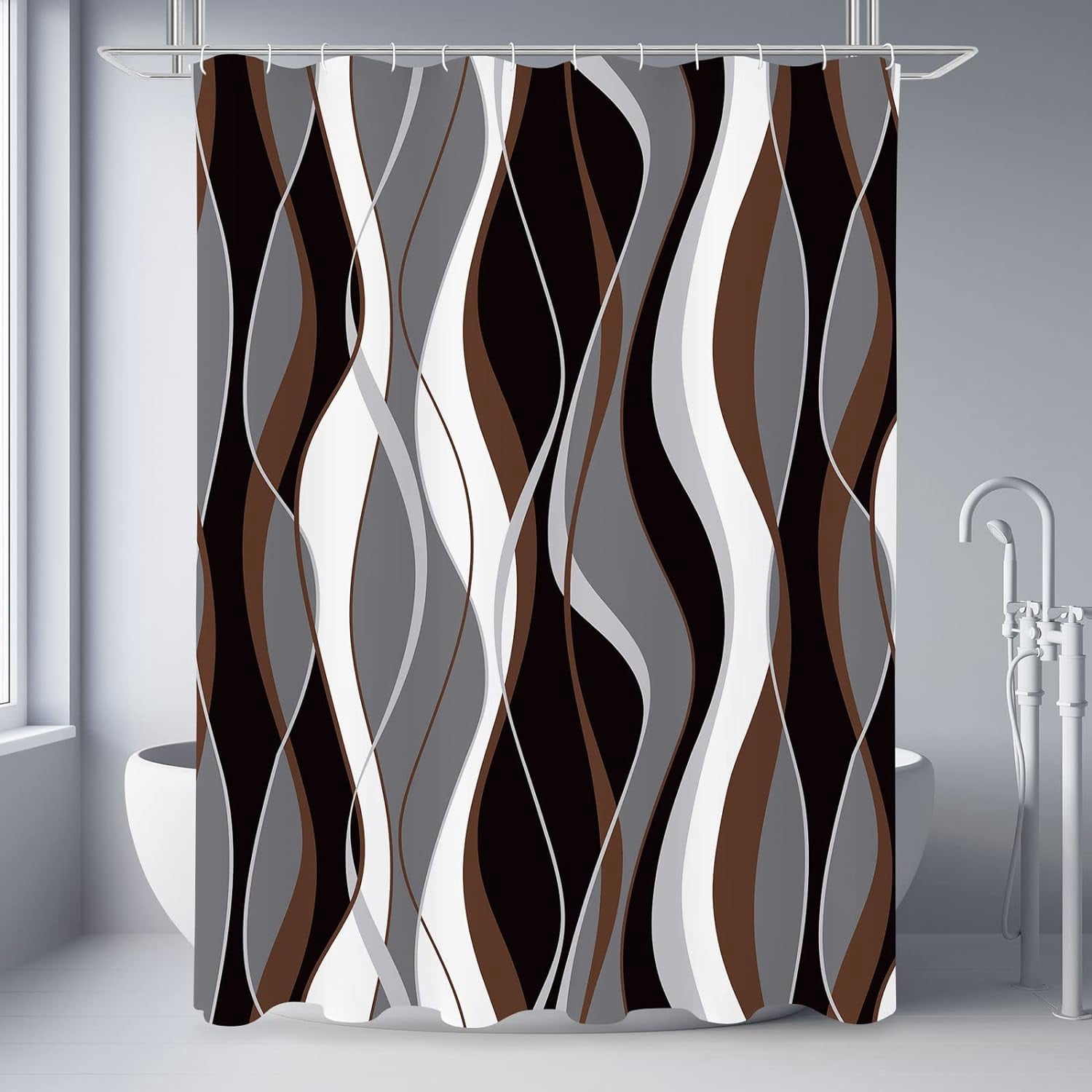 Brown Shower Curtain, Black and Grey Abstract Modern Bathroom Decor, Waffle Weave Textured Fabric Shower Curtain Set with Hooks, 72x72