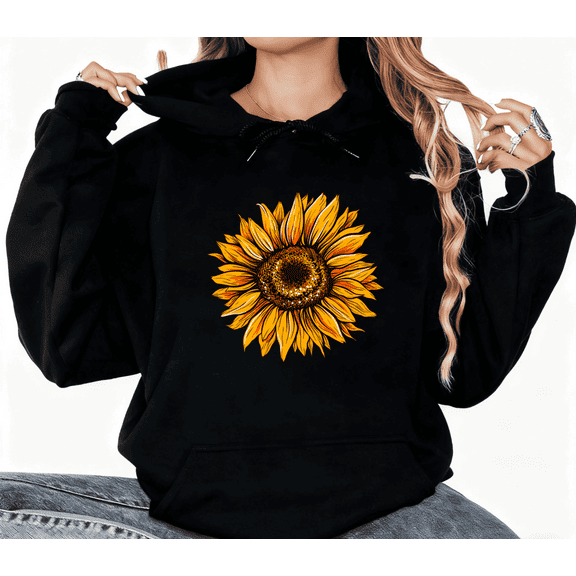Women Black Oversized Hoodie Vibrant Glitter Sunflower Graphic Hooded Sweatshirt Soft Casual Pullover with Artistic Floral Print Daily Styling Tops S-2XL