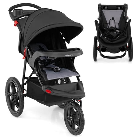 Babyjoy Jogging Stroller Foldable Jogger with Adjustable Canopy Detachable Tray Cup Holders Black
