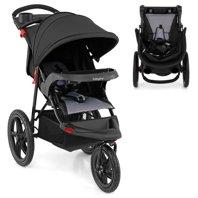 Babyjoy Jogging Stroller Foldable Jogger with Adjustable Canopy Detachable Tray Cup Holders Black