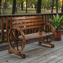 Tcbosik Rustic Wagon Wheel Garden Bench with Back & Armrests, 2-Person Solid Fir Wood Outdoor Seat, Dark Brown Patio Bench for Yard/Deck/Garden/Front Porch, 41.1"L x 21.1"W x 30.9"H