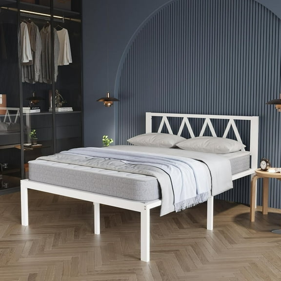 18 Inch Full Size Bed Frame with Headboard, White Metal Platform Bed Frame, Full Bed Frame No Box Spring Needed, Easy Assembly, Heavy Duty Slats Support