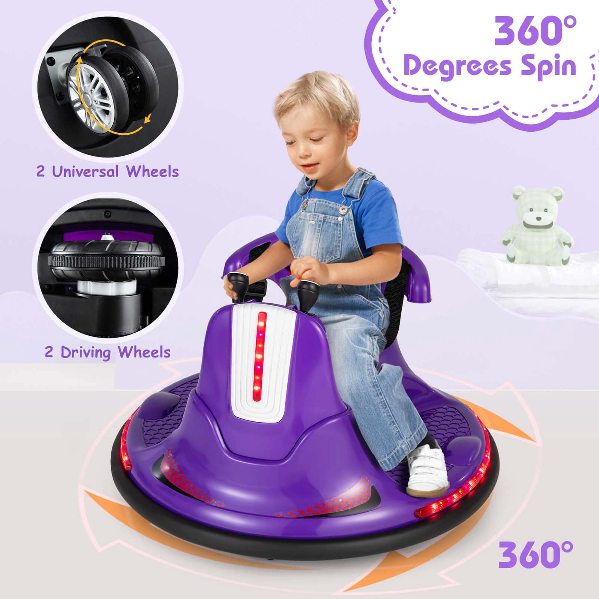 Costway 12V Bumper Car for Kids Toddlers Electric Ride On Car Vehicle with 360° Spin Purple