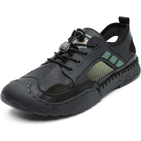Mens Genuine Leather Breathable Hollow Sports Sandals Casual Closed Toe Outdoor Fisherman Shoes Summer Beach Waterproof Anti-Slip Flat Sandals