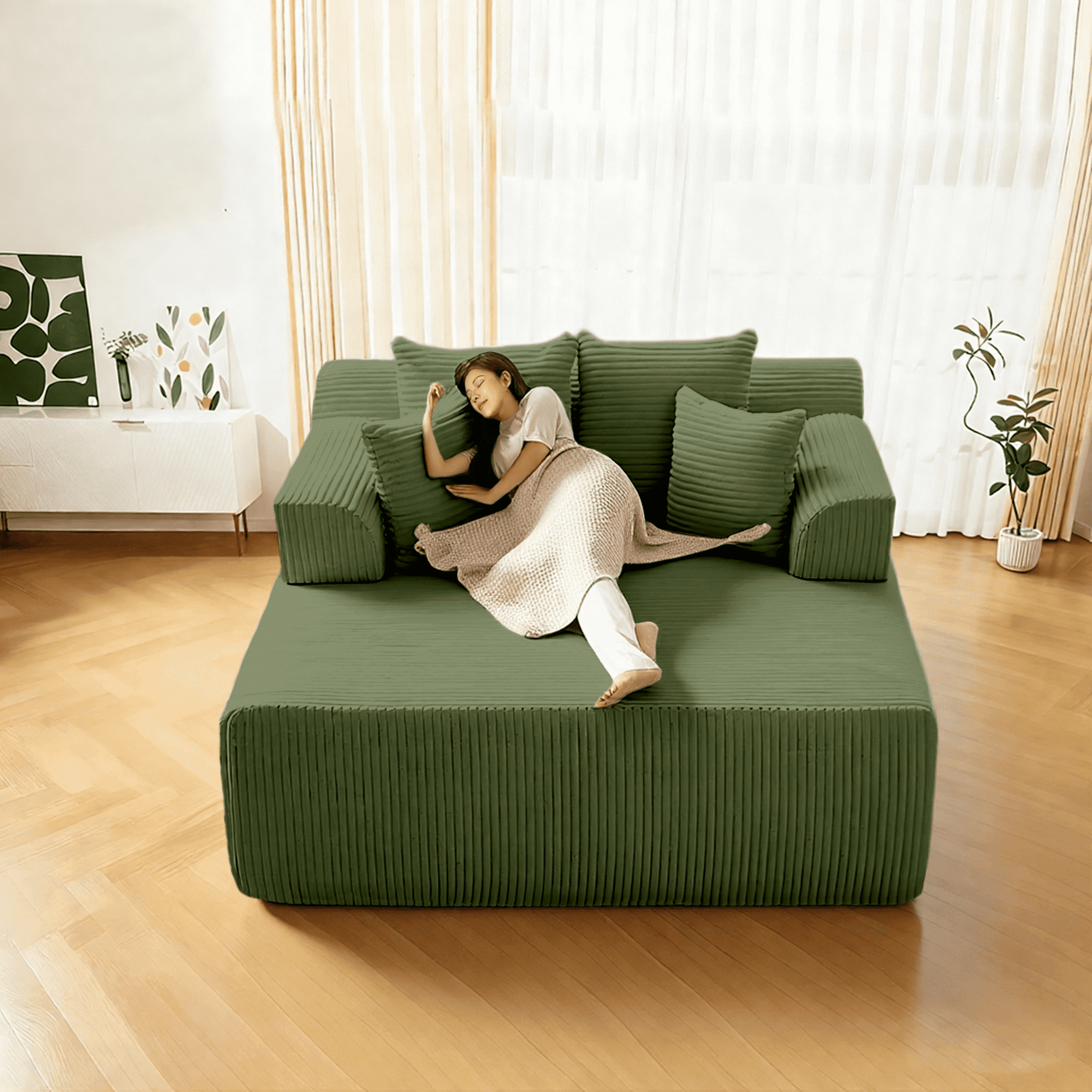 WENTUM 58" Chaise Lounge Chair Indoor, Oversized Corduroy Boneless Sleeper Sofa Bed with Armrests & 4 Pillows, No Assembly for Living Room, Green