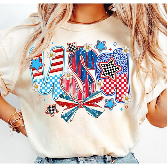 USA Flag Bow T-Shirt– 4th of July Coquette Aesthetic Tee with Red White Blue Bow and Stars and Stripes