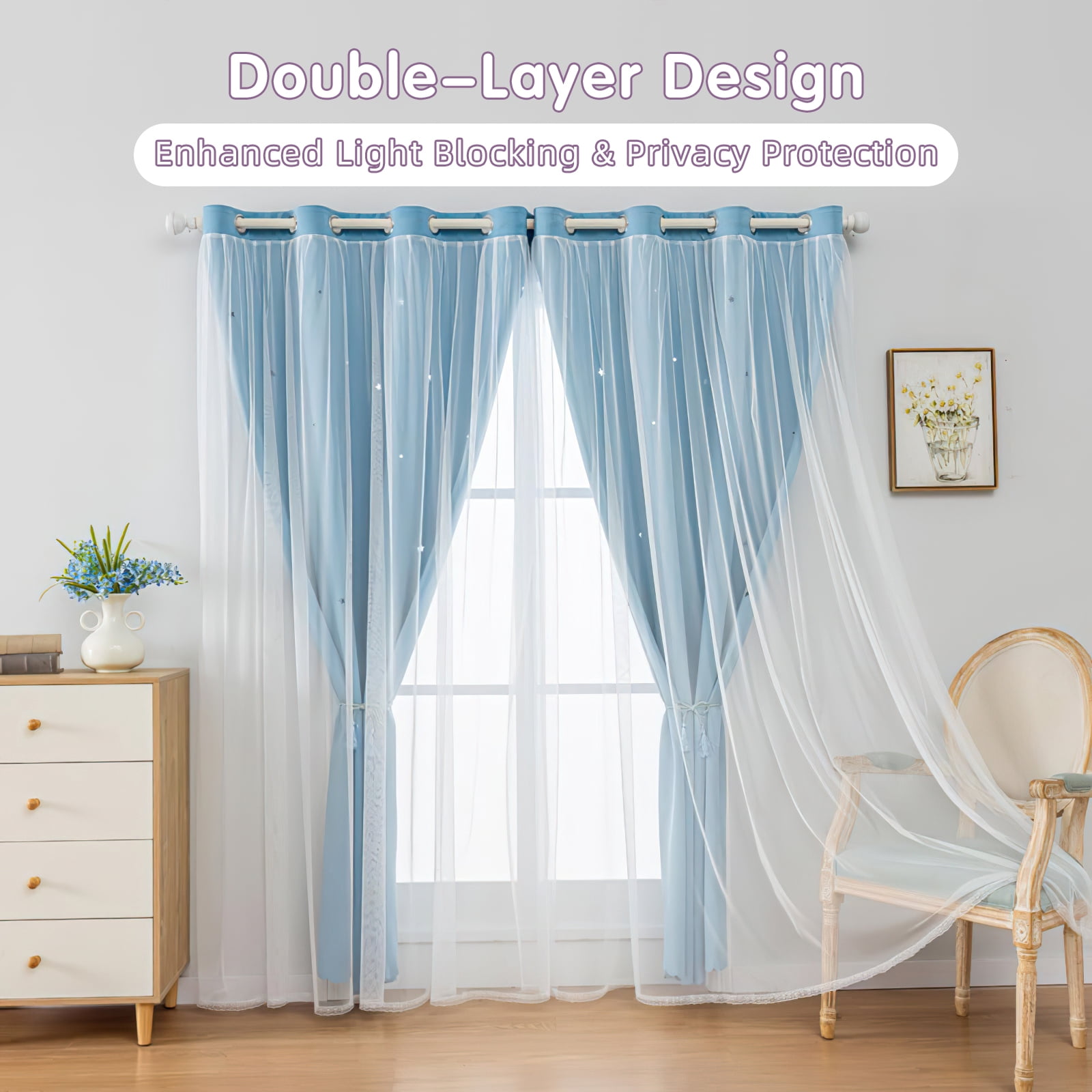 CshidWorld Blackout Curtains for Girls Kids Bedroom, Colorful Double Layer Star Cut Out Curtains for Girls Room Nursery Home Decor, 52''x 63'', 1 Panel
