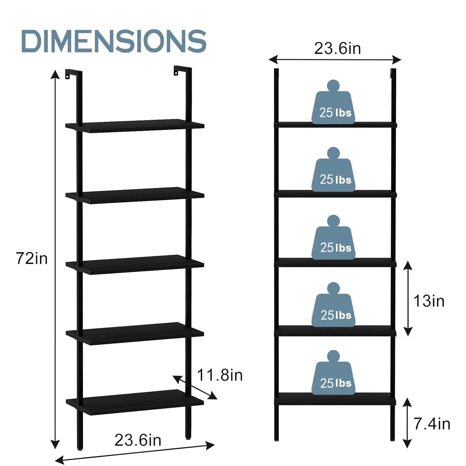 Ladder Shelf Open 5-Tier Bookshelf Wall-Mounted Black Wood Bookcase Storage Rack Open Industrial Modern Plant Stand Utility Organizer Bookcase Metal Frame Furniture Office Bedroom