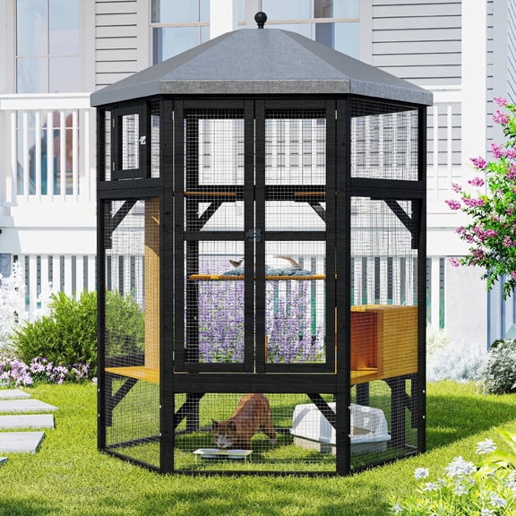 TIMHAKA 65" Catio Outdoor Cat Enclosure, Large Cat House w/ Waterproof Roof, Window Access, Multiple Platforms & Scratching Post for Multi-Cat Use, Black & Yellow