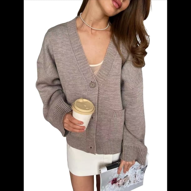 Cárdigan Grueso de Punto con Cuello en V y Bolsillos para Mujer Camello M
