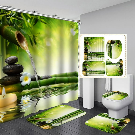 CSCHome 4PCS Green Bright Picture Print Shower Curtain Sets with Non-slip Rugs, Toilet Lid Cover and Bath Mat