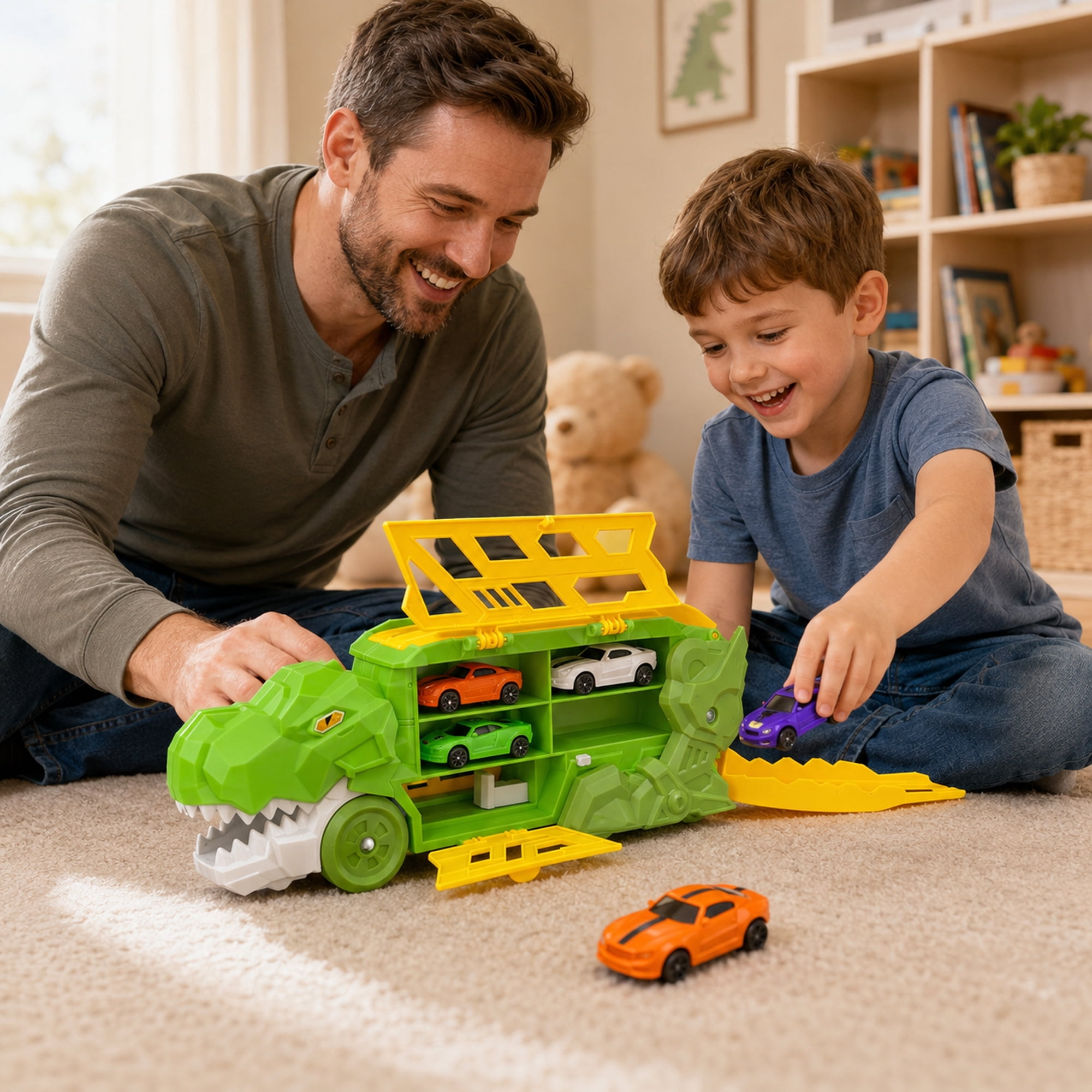 Dinosaur Truck Toy Car Carrier Race Track Playset with 4 Mini Cars, Push and Launch Vehicle Toy for Kids Ages 3+