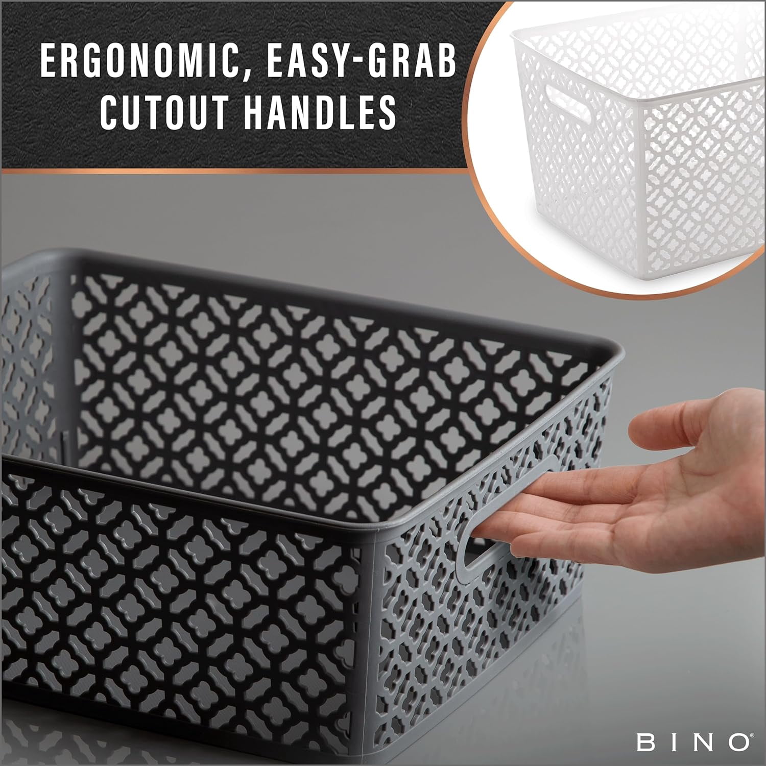 RGHJAR-l Plastic Storage Baskets, Medium - Black | THE BLOSSOM COLLECTION l Multi-Use Organizer Bin l Built-in Handles l Plastic Woven Basket for Organizing l Pantry & Home Organizing Basket