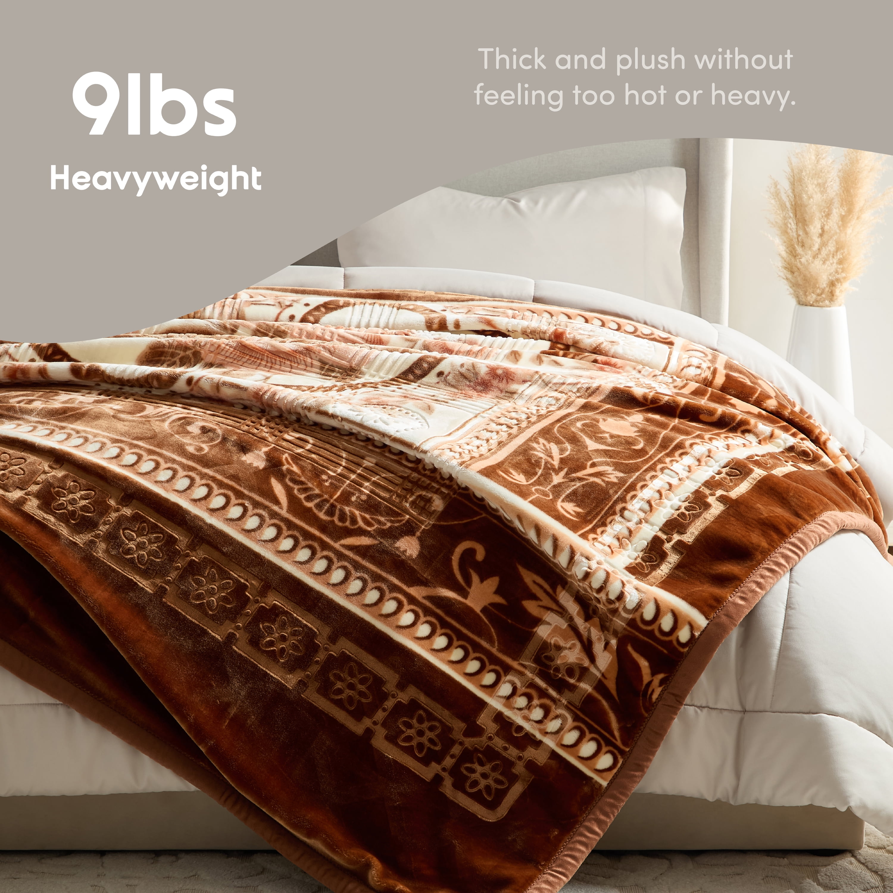Lammaloe Queen Size Korean Mink Fleece Blanket for Winter, 9 lbs, 79" x 94", Heavy 2-Ply Warm Heavyweight Raschel Bed Blankets, Reversible Printed, Brown